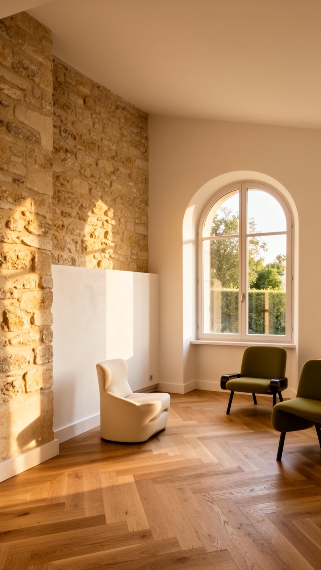Intérieur rénové, pierre et chêne